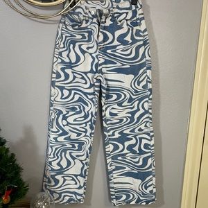 Striped white and blue flared jeans